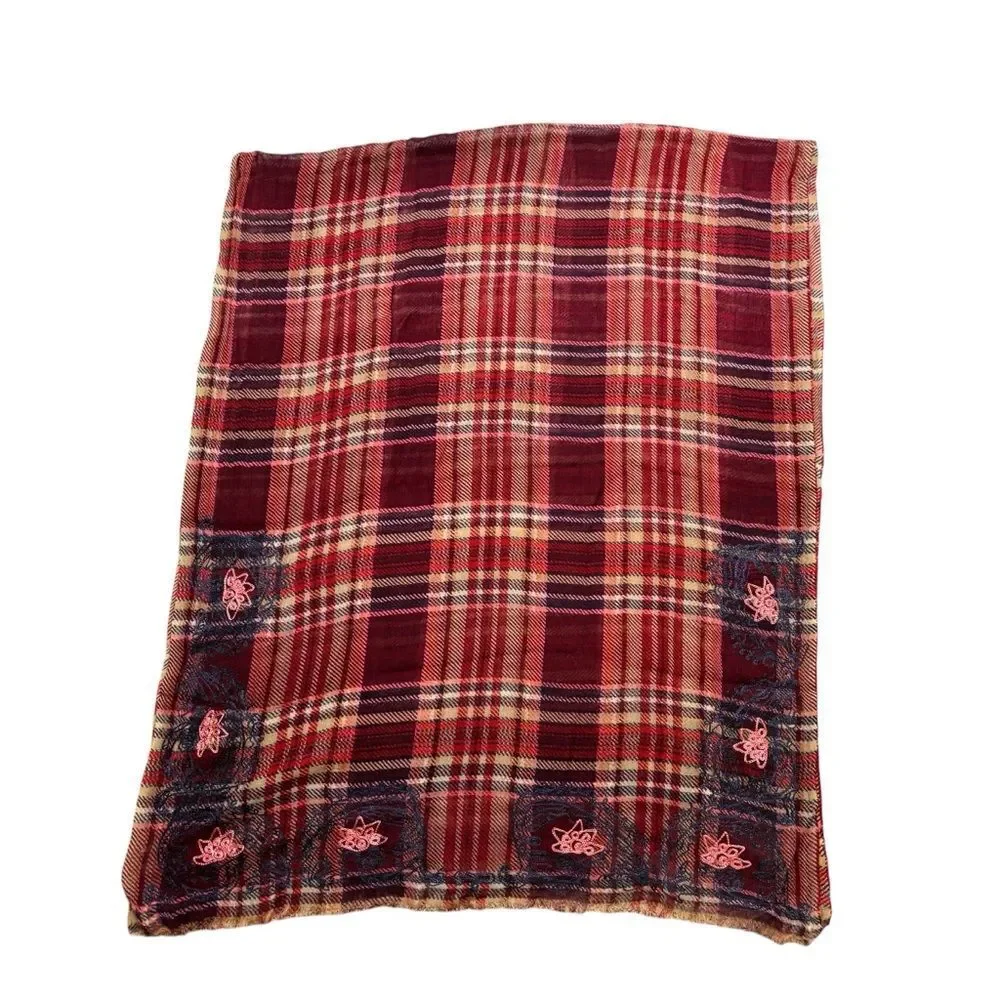 Ladies Lucky Brand Red‎ and Blue Plaid Wool Fringe End Scarf with Embroidery